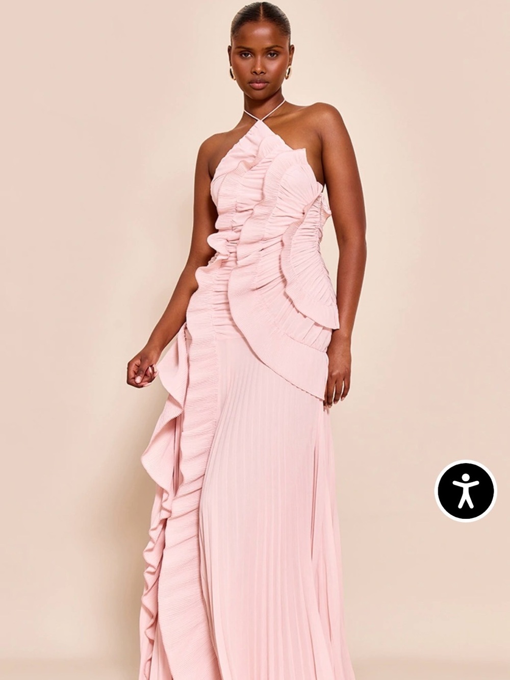 One-Shoulder Ruffle Pleated Maxi Dress - Pink